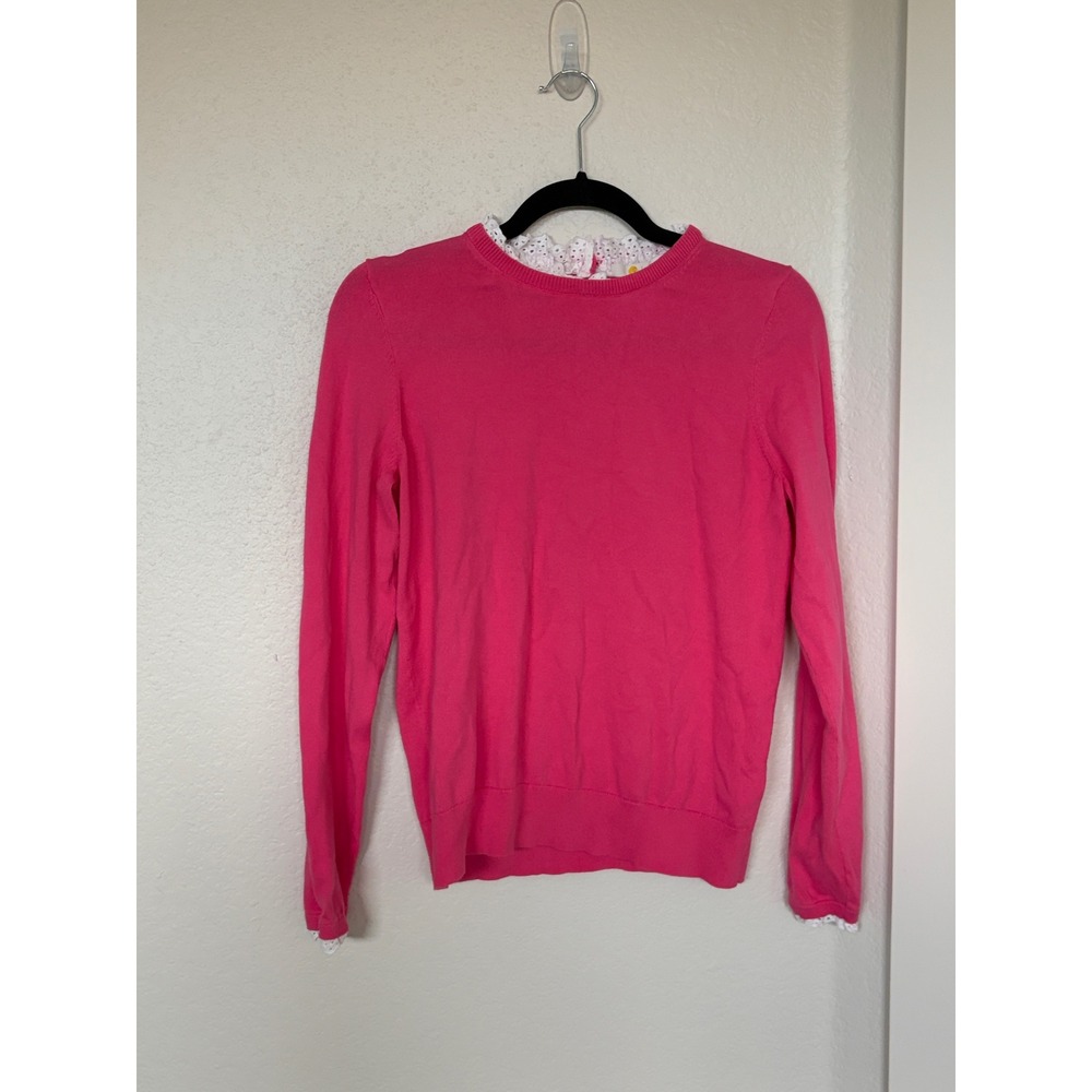 Boden Pink Eyelet Lace Trim Cotton Blend Crewneck Sweater K0304 Womens Medium